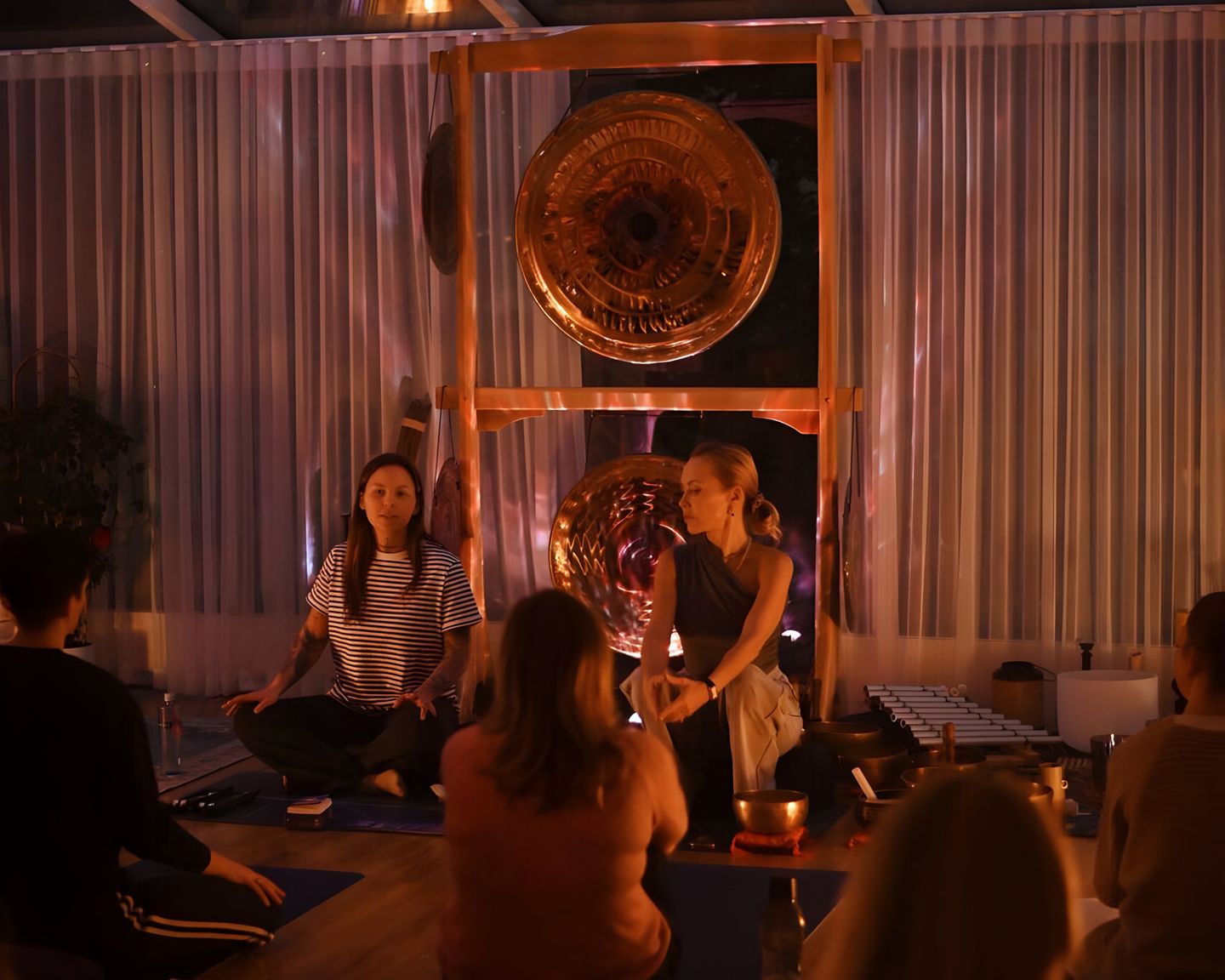 An evening group breathing session
